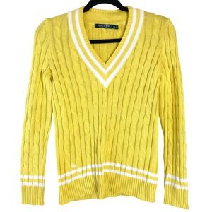 Lauren Ralph Lauren Womens Cable Knit Sweater XS Yellow Cricket V Neck Preppy